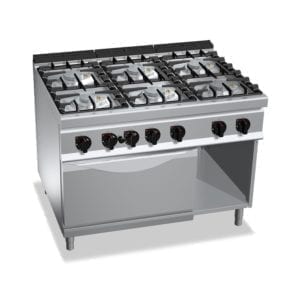 Cuisinière gaz 6 brûleurs puissants (48kW) sur four électrique puissant (7.5kW) et compartiment neutre